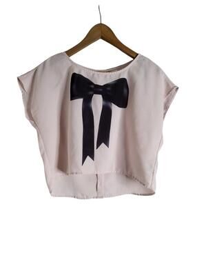 Divided Light Pink Cropped Chiffon Blouse Graphic Bow Button Down Back Size 4